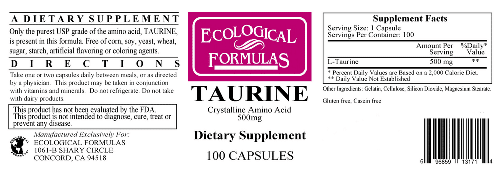 Taurine (500mg) - 100 capsules - Image 2